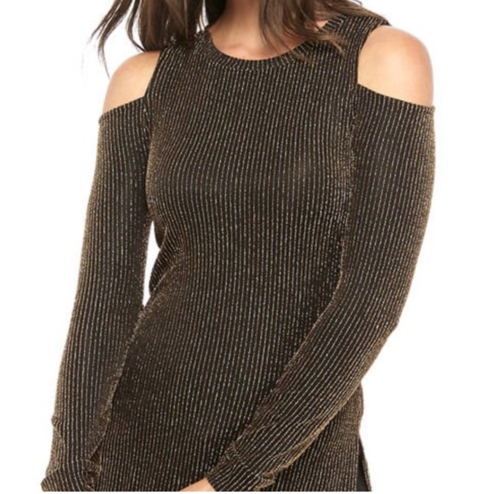 Michael Kors Black + Gold Stripe Long Sleeve Cold Shoulder Top, SM